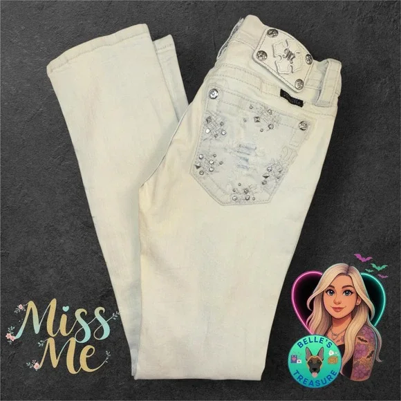Miss Me Jeans Women's 26 Straight Acid Bleach Wash Studded Rhinestone Grunge - Picture 1 of 15